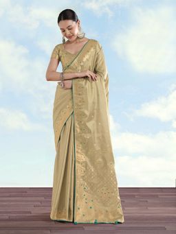 Monjolika Fashion - Cream Color Paisley Zari Woven Banarasi Tissue Silk Saree with Unstitched Blouse