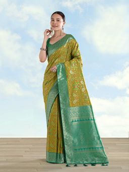 Monjolika Fashion - Lemon Green Banarasi Silk Traditional Paisley Weaves Saree with Unstitched Blouse