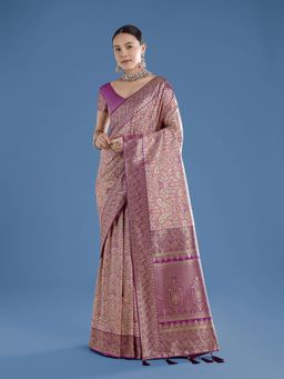 Monjolika Fashion - Beige Banarasi Silk Traditional Paisley Weaves Saree with Unstitched Blouse