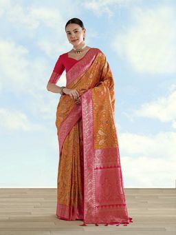Monjolika Fashion - Mustard Banarasi Silk Traditional Paisley Weaves Saree with Unstitched Blouse