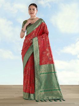 Monjolika Fashion - Red Banarasi Silk Traditional Paisley Weaves Saree with Unstitched Blouse