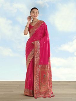 Monjolika Fashion - Pink Banarasi Satin silk Zari Border And Butti Work Saree with Unstitched Blouse