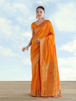 Monjolika Fashion - Orange Banarasi Satin silk Zari Border And Butti Work Saree with Unstitched Blouse