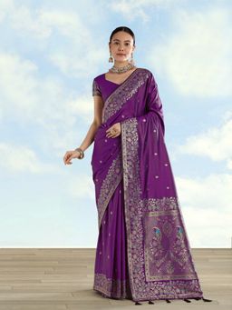 Monjolika Fashion - Purple Banarasi Satin silk Zari Border And Butti Work Saree with Unstitched Blouse