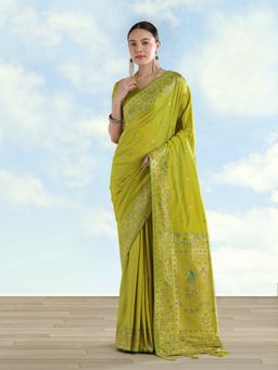 Monjolika Fashion - Pear Banarasi Satin silk Zari Border And Butti Work Saree with Unstitched Blouse