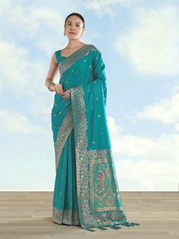 Monjolika Fashion - Turquoise Banarasi Satin silk Zari Border Saree with Unstitched Blouse