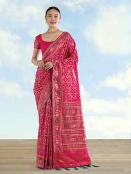Monjolika Fashion - Rani Pink Satin Silk Patola Work And Elephant Motifs Saree with Unstitched Blouse