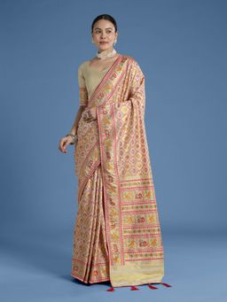 Monjolika Fashion - Cream Satin Silk Patola Work And Elephant Motifs Saree with Unstitched Blouse