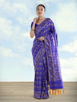Monjolika Fashion - Navy blue Satin Silk Patola Work And Elephant Motifs Saree with Unstitched Blouse
