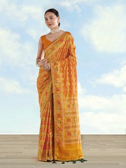 Monjolika Fashion - Mustard Satin Silk Patola Work And Elephant Motifs Saree with Unstitched Blouse