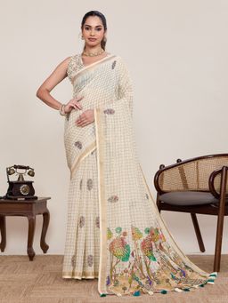 AMRUTKALA SAREES - Beige Designer Linen Printed Solid Saree with Unstitched Blouse