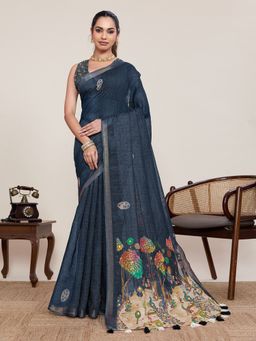 AMRUTKALA SAREES - Charcoal Designer Linen Printed Solid Saree with Unstitched Blouse