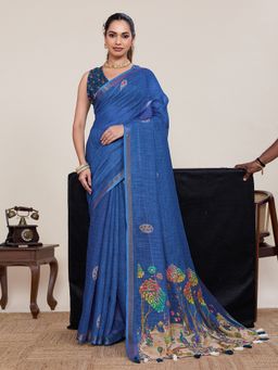 AMRUTKALA SAREES - Blue Designer Linen Printed Solid Saree with Unstitched Blouse