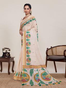 AMRUTKALA SAREES - Cream Designer Linen Printed Solid Saree with Unstitched Blouse