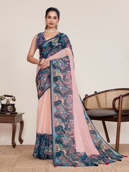 AMRUTKALA SAREES - Peach Designer Linen Printed Solid Saree with Unstitched Blouse