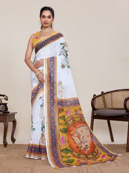 AMRUTKALA SAREES - White Designer Linen Printed Solid Saree with Unstitched Blouse