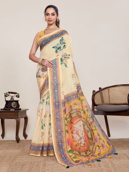 AMRUTKALA SAREES - Yellow Designer Linen Printed Solid Saree with Unstitched Blouse