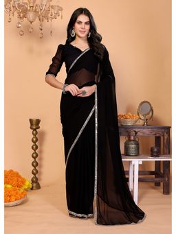 FABMORA - Women Black Georgette Embroidered Saree with Unstitched Blouse