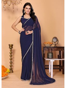 FABMORA - Women Blue Georgette Embroidered Saree with Unstitched Blouse