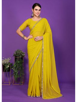 FABMORA - Women Yellow Georgette Embroidered Saree with Unstitched Blouse