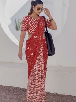 Sooti Syahi - Women Red Ruby Circles Hand Block Mul Cotton Saree with Unstitched Blouse