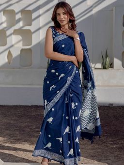 Sooti Syahi - Women Navy Blue Hand Block Mul Cotton Saree with Unstitched Blouse