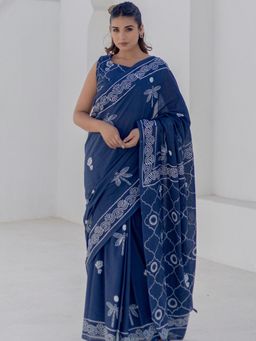 Sooti Syahi - Women Navy Blue Hand Block Mul Cotton Saree with Unstitched Blouse