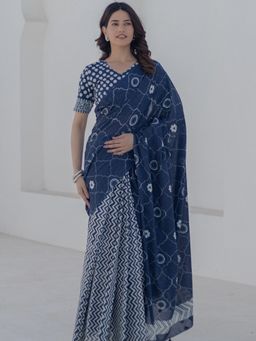 Sooti Syahi - Women Navy Blue Hand Block Mul Cotton Saree with Unstitched Blouse