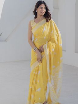 Sooti Syahi - Women Yellow Golden Birds Hand Block Mul Cotton Saree with Unstitched Blouse