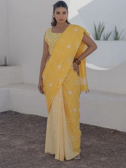 Sooti Syahi - Women Yellow Sunshine Hand Block Mul Cotton Saree with Unstitched Blouse