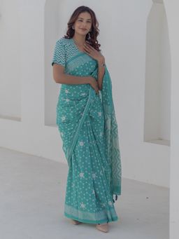 Sooti Syahi - Women Teal Blooms Hand Block Mul Cotton Saree with Unstitched Blouse