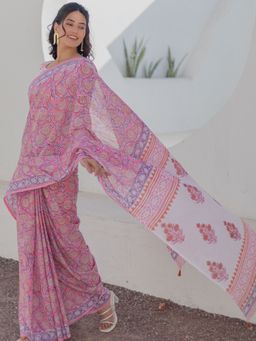 Sooti Syahi - Women Pink Floral Mul Cotton Saree with Unstitched Blouse