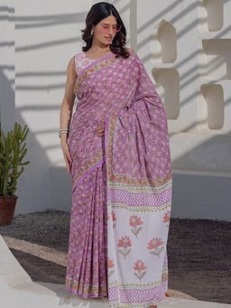 Sooti Syahi - Women Purple Floral Mul Cotton Saree with Unstitched Blouse