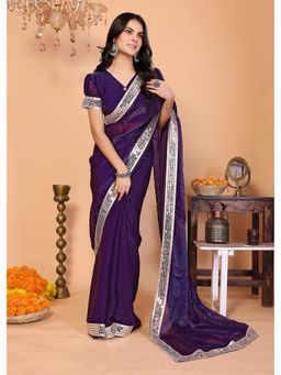 FABMORA - Women Purple Silk Blend Embroidered Saree with Unstitched Blouse