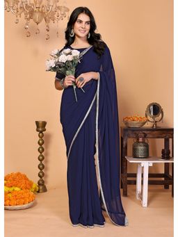 FABMORA - Women Blue Georgette Embroidered Saree with Unstitched Blouse