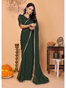 FABMORA - Women Green Georgette Embroidered Saree with Unstitched Blouse
