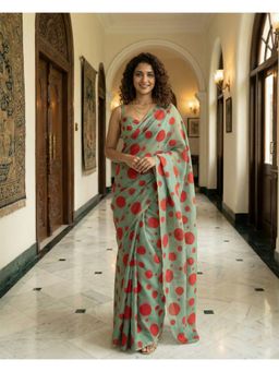 Anjaneya Sarees - Women Green Linen Polka Dots Saree with Unstitched Blouse