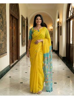 Anjaneya Sarees - Women Yellow Linen Printed Saree with Unstitched Blouse