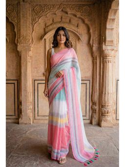 Anjaneya Sarees - Women Multi-Color Linen Printed Saree with Unstitched Blouse