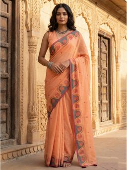 Anjaneya Sarees - Women Orange Linen Printed Saree with Unstitched Blouse