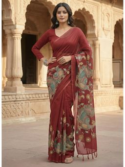 Anjaneya Sarees - Women Maroon Linen Printed Saree with Unstitched Blouse