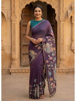 Anjaneya Sarees - Women Purple Linen Printed Saree with Unstitched Blouse