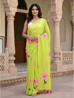 Anjaneya Sarees - Women Green Linen Floral Saree with Unstitched Blouse