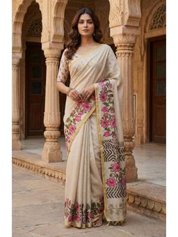 Anjaneya Sarees - Women Beige Linen Printed Saree with Unstitched Blouse