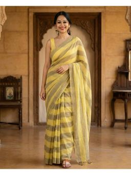 Anjaneya Sarees - Women Yellow Linen Stripes Saree with Unstitched Blouse
