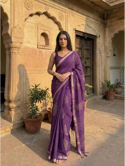 Anjaneya Sarees - Women Purple Linen Saree with Unstitched Blouse
