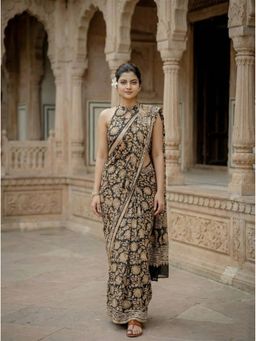 Anjaneya Sarees - Women Brown Linen Printed Saree with Unstitched Blouse