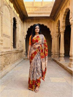 Anjaneya Sarees - Women Beige Linen Printed Saree with Unstitched Blouse