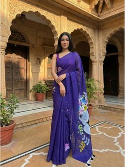 Anjaneya Sarees - Women Blue Linen Printed Saree with Unstitched Blouse