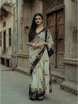 Anjaneya Sarees - Women White Linen Floral Saree with Unstitched Blouse